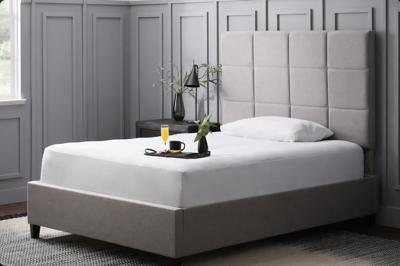 breakfast in bed on mattress protector