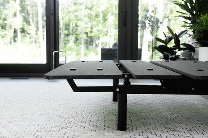 Black metal bed frame on a white carpet with large windows in the background