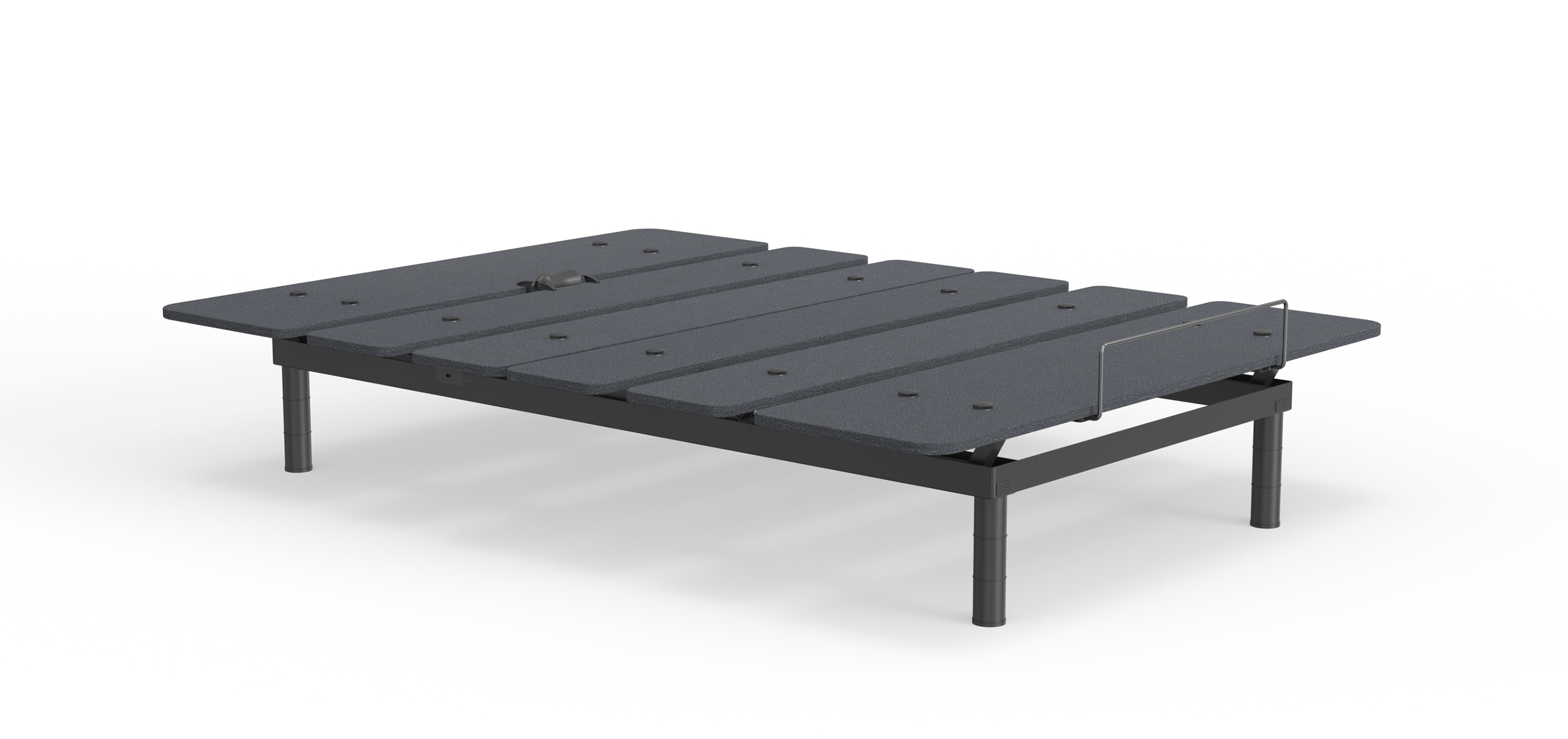 Black metal bed frame on a white background. Adjustable but flat. 