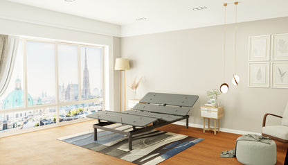 Modern bedroom with adjustable bed, nightstands, and cityscape view.