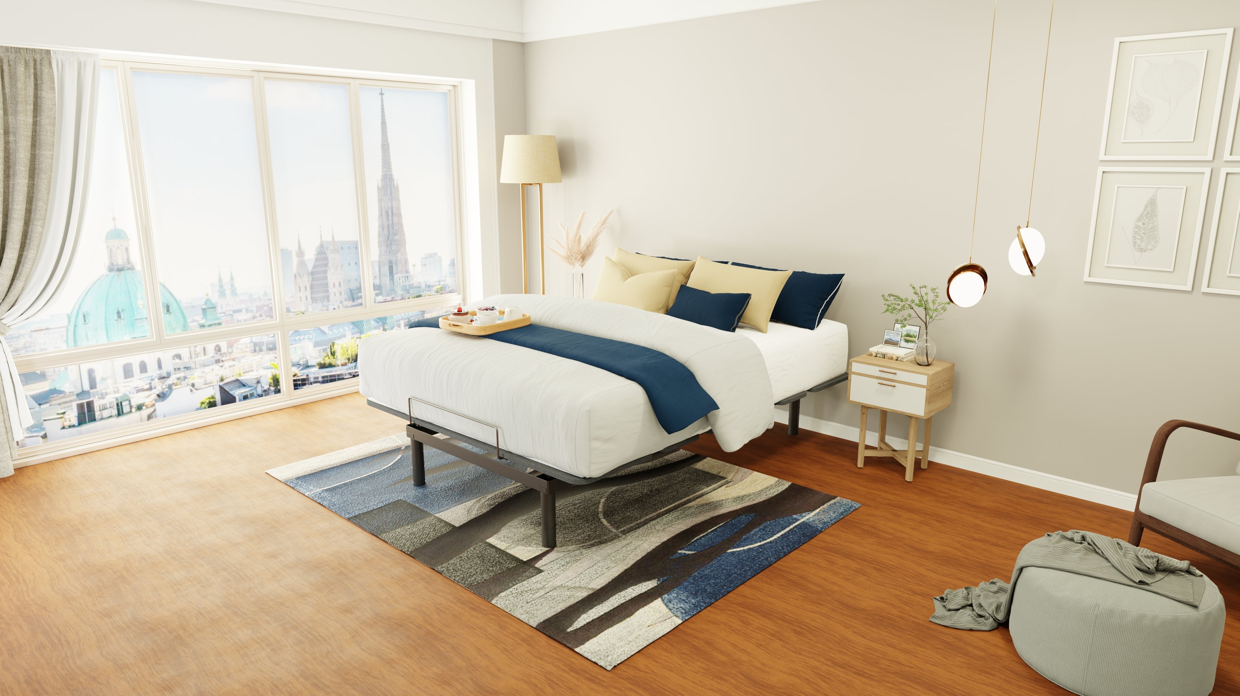 Modern bedroom with a large window, bed, and decor. Adjustable base primary image.