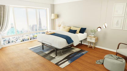 Modern bedroom with a large window, bed, and decor. Adjustable base primary image.