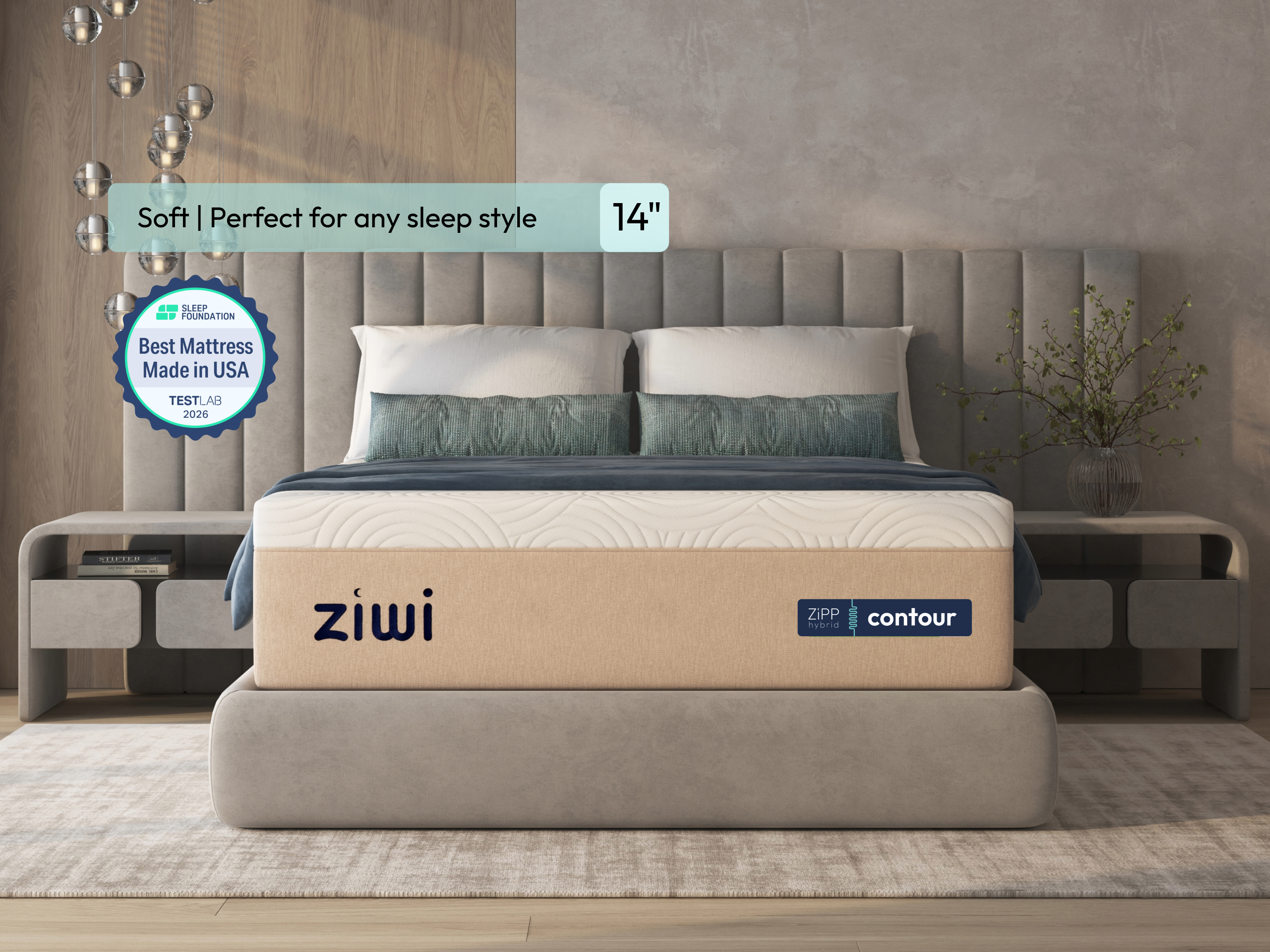 Ziwi mattress with ZPP Contour label in a bedroom setting