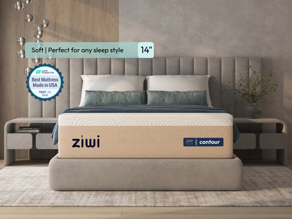 Ziwi mattress with ZPP Contour label in a bedroom setting