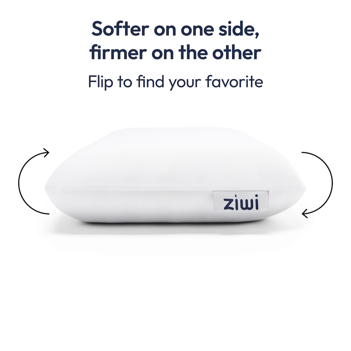 White Ziwi ZiPP pillow on a white background, with text explaining one side is soft, the other firmer.