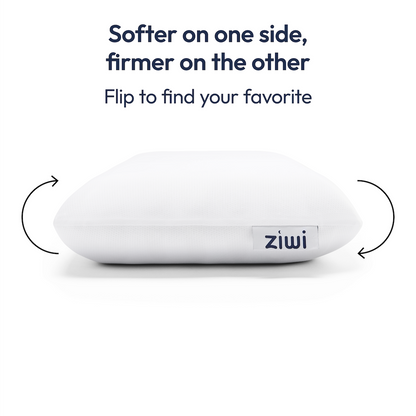 White Ziwi ZiPP pillow on a white background, with text explaining one side is soft, the other firmer.