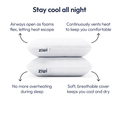 Two white stacked Ziwi ZiPP pillows with text explaining their cooling properties.
