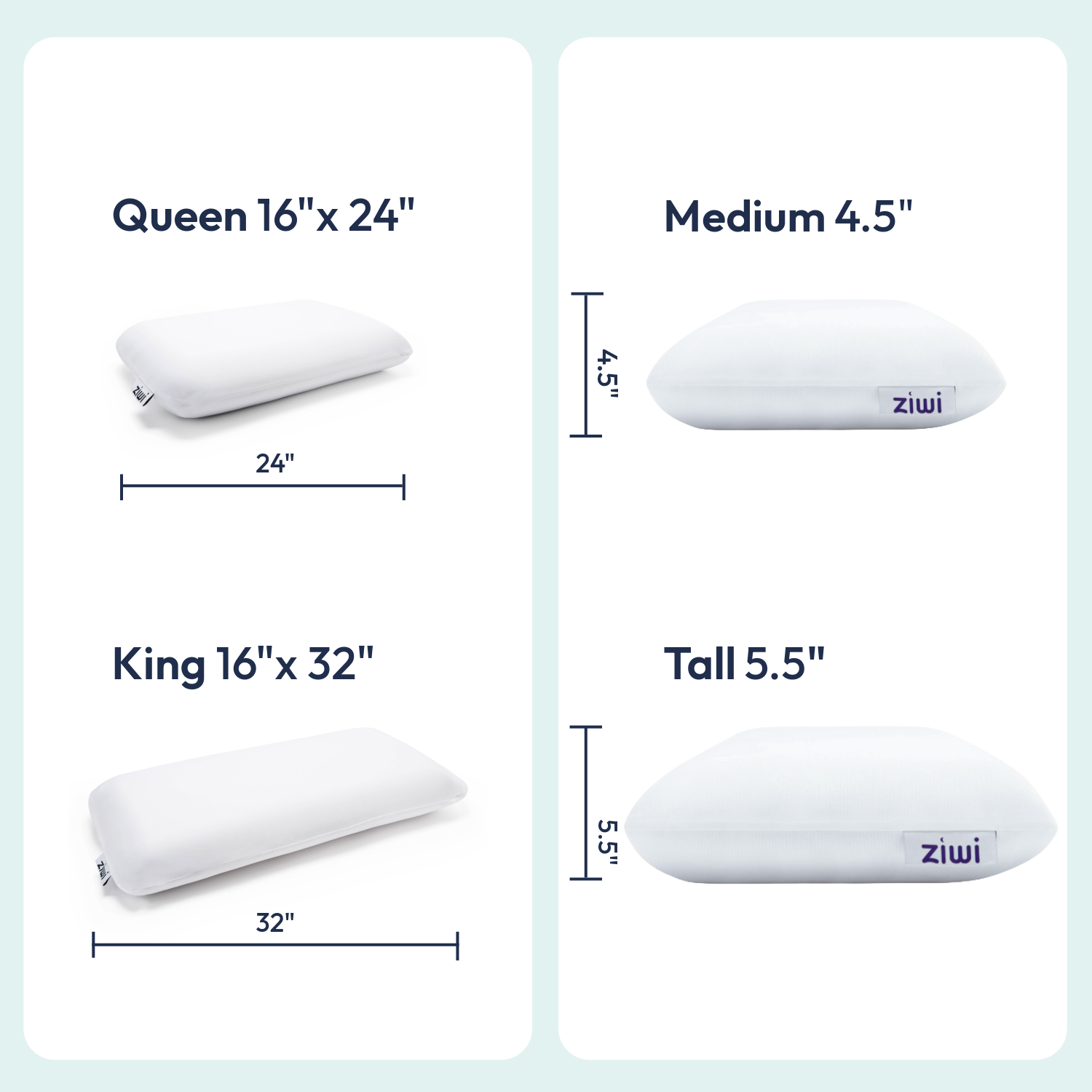 Ziwi pillow with dimensions labeled on a light blue background
